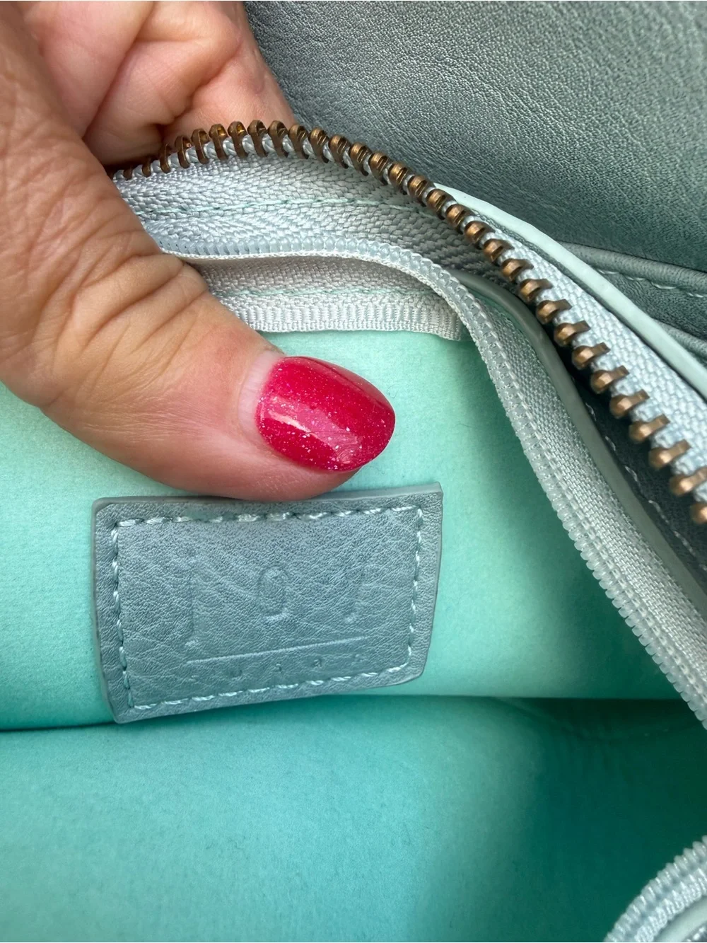 Women’s Crossbody Bag JOY in Light Blue with Sage Green inside. - Picture 3 of 6